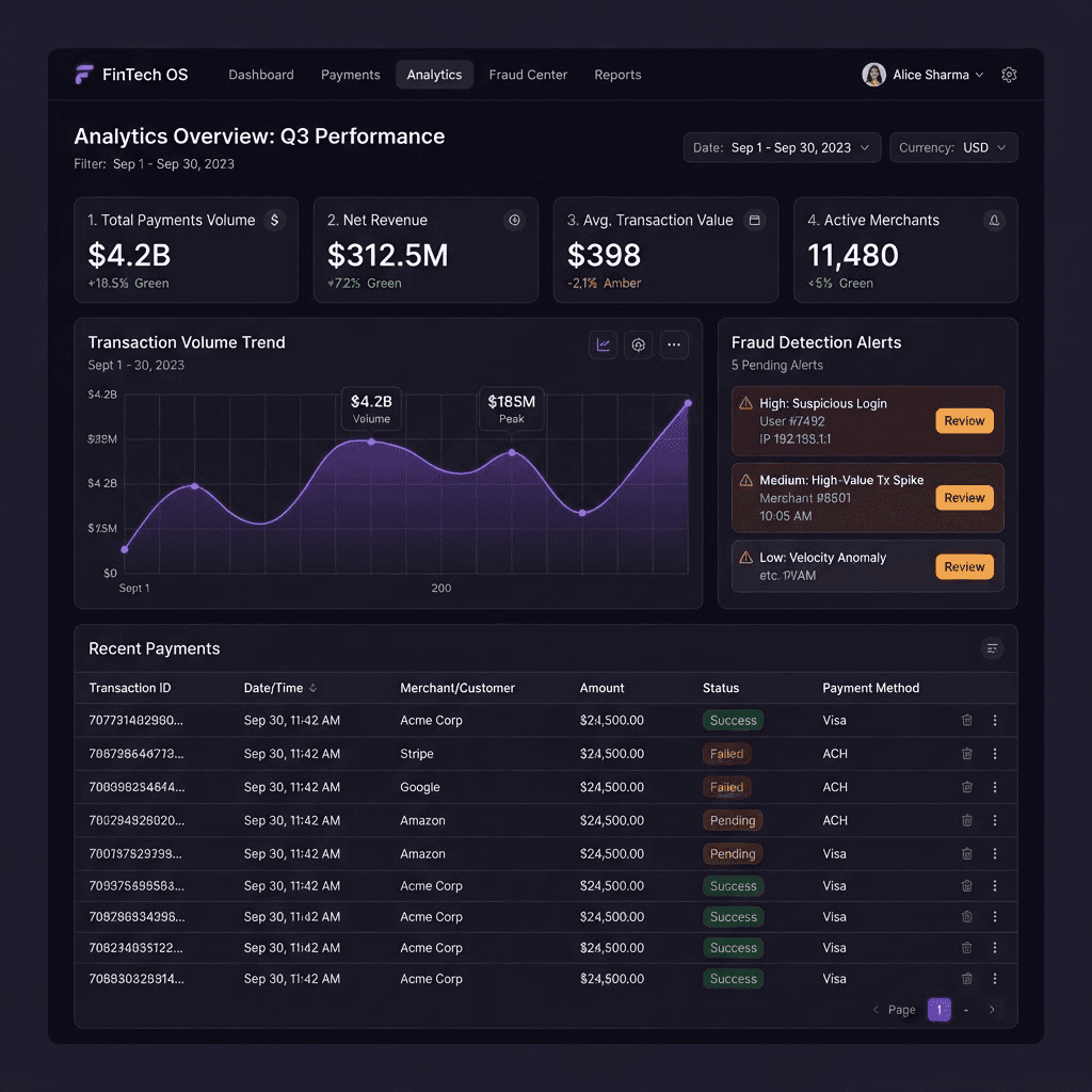 Payments & Analytics Dashboard interface preview